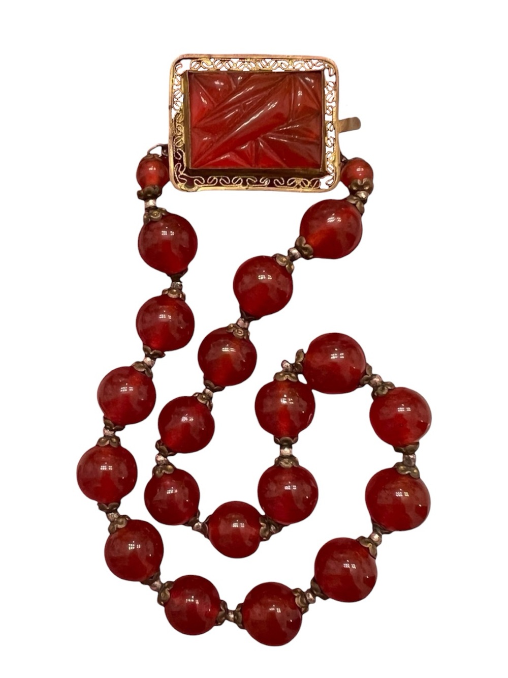 Antique Signed Czech Carnelian Red Glass Filigree Choker Necklace Molded Clasp